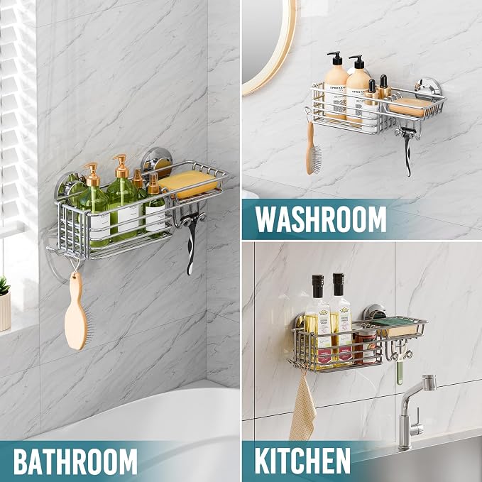TAILI Shower Caddy Suction Cup with Hooks & Soap Holder, Heavy Duty Bathroom Shower Organizers, Removable Bathroom Shelves for Inside,Stainless Steel Bathroom Holder - Image 5