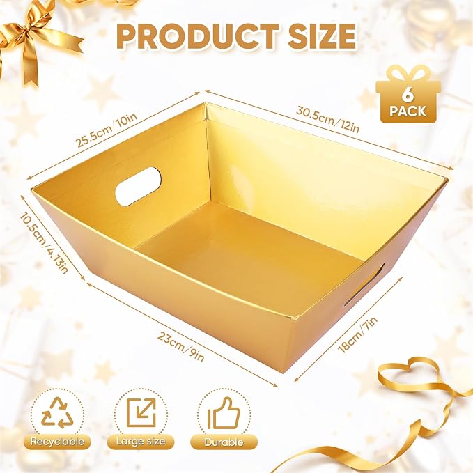 AFOROEOA 6PACK Gold Baskets for Gifts Empty, 12x10x4” Thick Cardboard Gift Basket Kit with 6 Bows & 6 Bags - Kraft Empty Gift Baskets for Christmas, Weddings, Birthdays, Holiday Gifting - Image 2