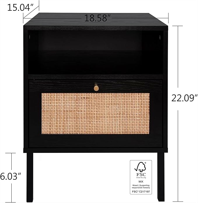 Angel Sar Rattan Night Stand Set 2, Boho Bedside Table Black Nightstand with Rattan Door, Storage Cabinet, Open Storage Space & Sturdy Metal Legs, Accent Bed Side Table, Wood End Tables Bedroom