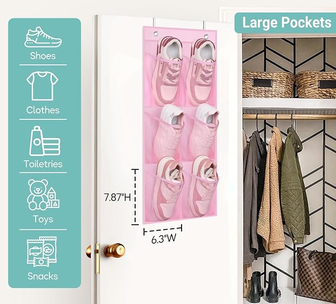 KIMBORA 2 Packs Narrow Kids Over the Door/Wall Shoe Organizer Small Baby Hanging Shoe Rack for Closet with Clear Mesh Pocket Shoe Storage for Toddler Girl Bedroom, Bathroom, RV, Pantry, Camping (Pink) - Image 3