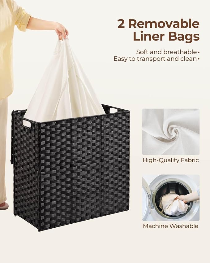 Greenstell Laundry Hamper with lid, No Install Needed, 130L Wicker Laundry Baskets Foldable 2 Removable Liner Bags, 2 Section Clothes Hamper Handwoven Rattan Laundry Basket with Handles, Black - Image 4