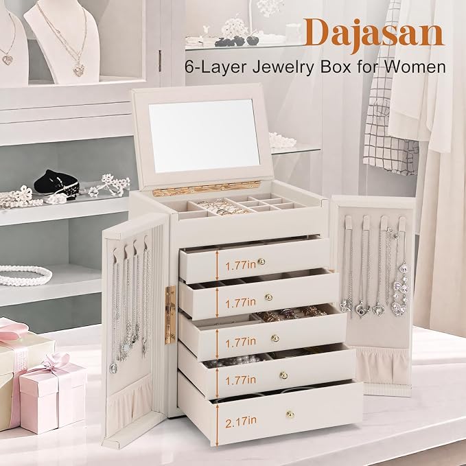 Dajasan Large Jewelry Organizer Box, Jewelry Boxes for Women Girls, 6-Tier Jewelry Storage Organizer with Mirror for Necklace Ring Bracelet Watch, Gift Idea (Beige) - Image 7