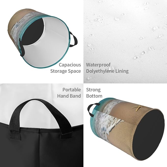 Laundry Basket Beach Starfish Room Decor,Round Laundry Hamper Waterproof Dirty Clothes Hamper Collapsible Laundry Baskets With Handles,Toy/Clothes Storage Beach Towel Basket For Dorm Bathroom Decor - Image 3
