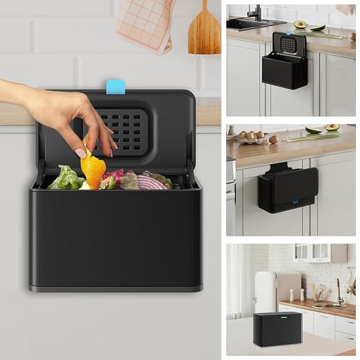 Stainless Steel Hanging Trash Can with Lid and Inner Bucket, 1 Gallon Kitchen Compost Bin for Counter Top, Under Sink or Wall Mount, Small Garbage Can for Cupboard/Bathroom/Bedroom/RV, Black by LINSSEN