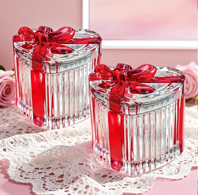 kanpura 2 Pack Glass Heart Shaped Jewelry Box Candy Dish with Lid Ring Earring Trinket Storage Box Vintage Jewelry Organizer Decorative Jar Gifts for Women Girls(Red & Clear) - Image 2