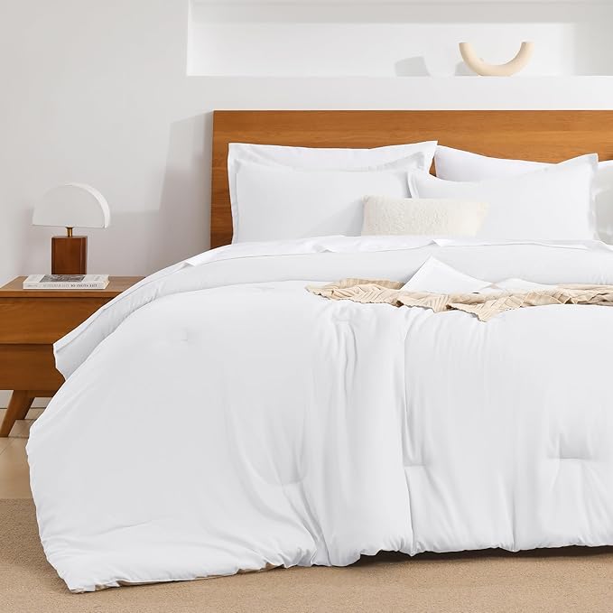 Andency White California King Comforter Set - 7 Pieces Bed in a Bag Cal King Bedding Comforter Sets, Summer Solid Soft Lightweight Comforter with Fitted Sheets, Flat Sheets, Pillowcases & Shams