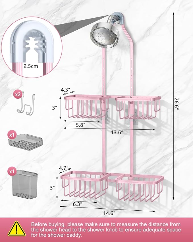 Adjustable Shower Caddy Hanging for Handheld Showerheads - Never Rust Shower Hanging Organizer, Upgraded Bathroom Shower Rack with Soap Basket, Hooks and Toothbrush Holder (Pink) - Image 2