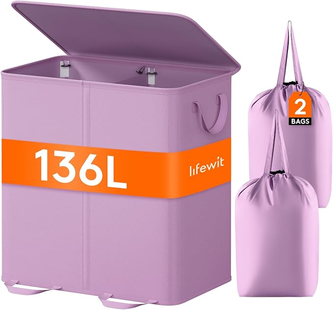 Lifewit Double Laundry Hamper with Lid and Removable Laundry Bags, Large Collapsible 2 Dividers Dirty Clothes Basket with Handles for Bedroom Laundry Room Closet Bathroom College, 136L Purple by Lifewit