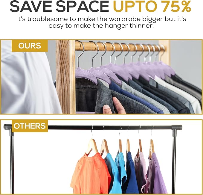 Techzoo Premium Velvet Hangers 50 Pack Ultra Thin Non Slip Adult Felt Space Saving Suit Hanger for Closet Heavy Duty Coat Pants Jackets Dress Hangers 360° Swivel Hook Hold Upto 10 lbs Purple Hangers - Image 6