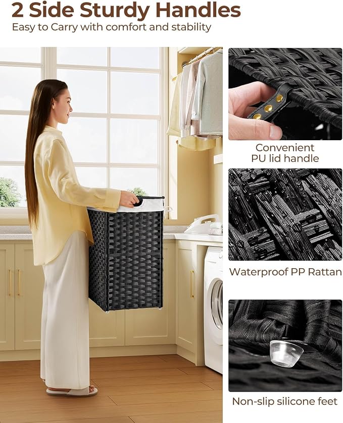 Greenstell Laundry Hamper with 2 Removable Liner Bags, Foldable Divided Clothes Hamper, 90L Handwoven Synthetic Rattan Laundry Basket with Lid and Handles, Easy to Install Black 18.3x13.3x24 Inches - Image 4