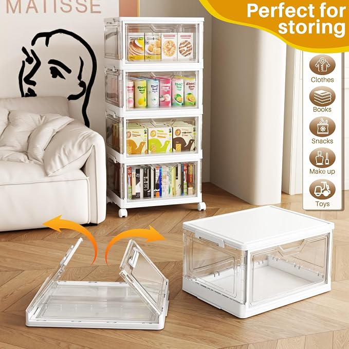 SNSLXH Portable Clear Storage Bins with Lid & Wheels, 24QT Clear Storage Bins with Lid, 4-Tier Plastic Bins with Wheels, Stackable, Magnetic Doors, for Bedroom, Living Room, Office - Image 6