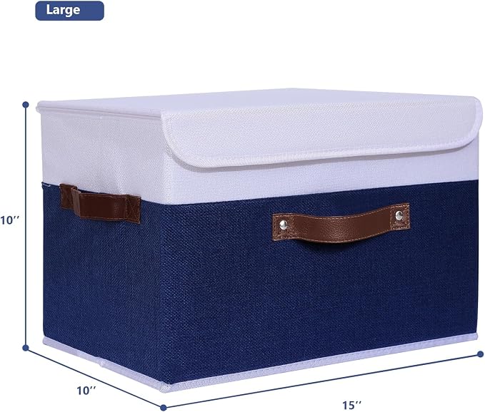 ANMINY 4PCS Storage Boxes with Lid Washable Decorative Storage Bin Basket with PU Leather Handle Foldable Linen Fabric Storage Cube Container for Home Closet Organizer - Deep Blue White, Large Size - Image 5