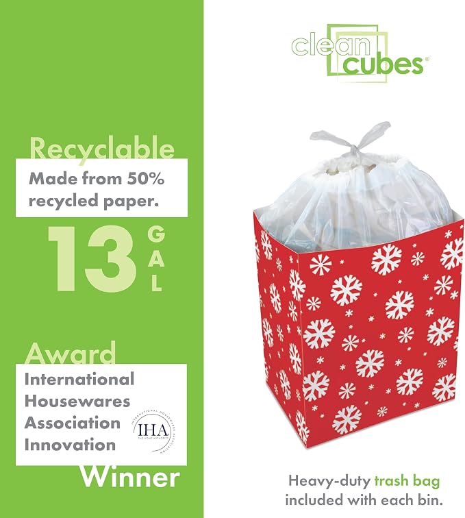 Clean Cubes 13 Gallon Disposable Pop-Up Trash Cans (3-Pack) with Fitted Bags – Foldable Garbage & Recycling Bins for Parties, Events & Kitchen (Snowflake, 17" H x 13.5" W x 10" D) - Image 5