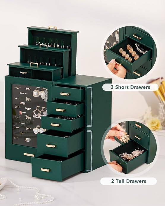 Homde Large Jewelry Box/Organizer/Case with Glass Window, Drawers for Necklaces Earrings Rings Bracelets Watches Gift for Women Girls - Image 4