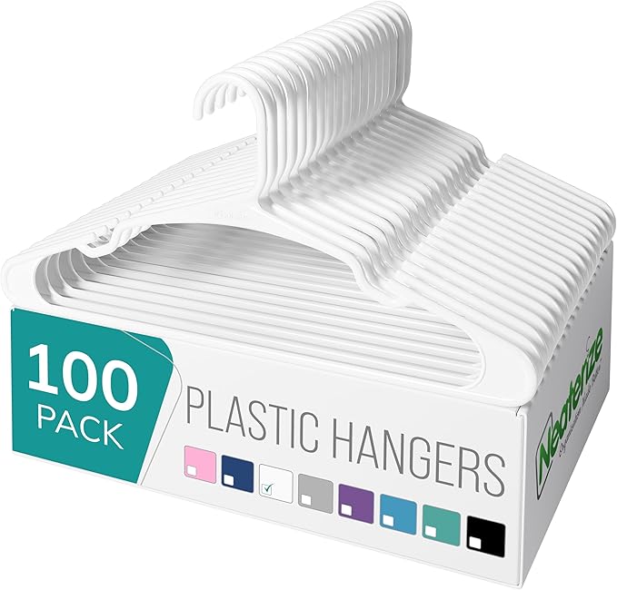 NEATERIZE Clothes Hangers Plastic 100 Pack for Adults - Plastic Hangers, The Perfect Coat Hanger and Space Saving Clothes Hangers for Closet - White Hangers by Neaterize