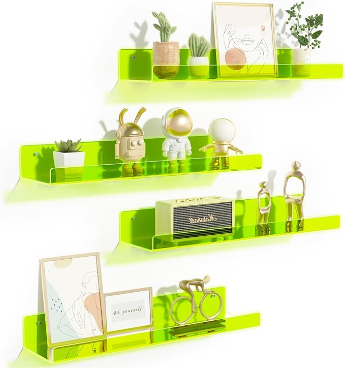 upsimples Acrylic Shelves for Wall Decor, 15" Display Shelf for Figure, Nail Polish, Wall Organizer for Bathroom, Bedroom, Living Room, Playroom, Kids Bookshelf, Clear Fluorescent Green, 4 Pack by upsimples