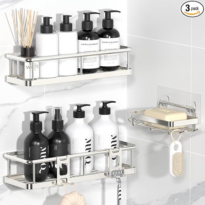 YASONIC Shower Caddy Adhesive, No Drill Bathroom Organizers, Rust Proof Shower Shelves, Wall-Mounted Shower Holder, Silver, 3 Pack by YASONIC