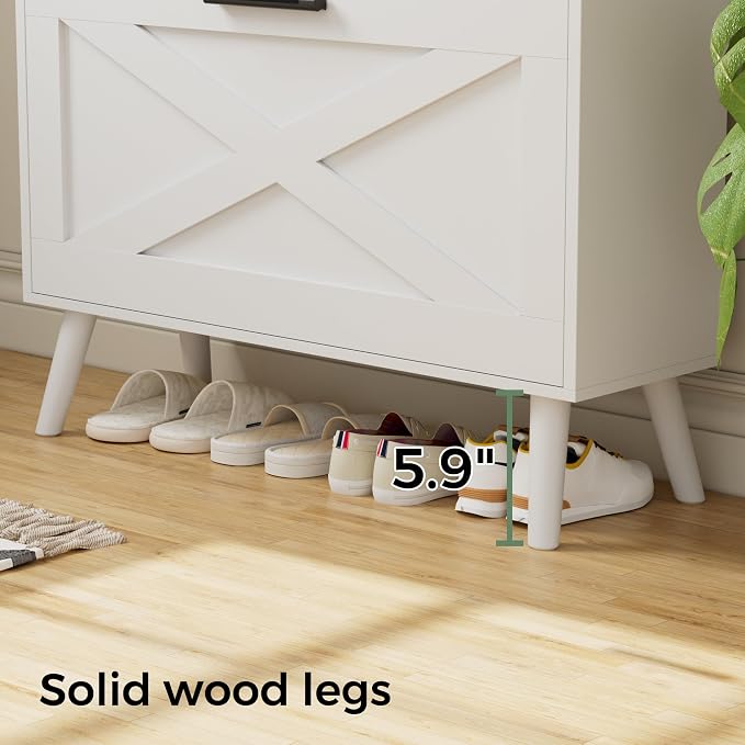 Homleke 32" W Farmhouse Shoe Storage Cabinet with 2 Flip Drawers and Barn Door Design, Adjustable Shelves, Modern Hidden Slim Narrow Shoe Rack Cabinet for Entryway, Foyer, Hallway, Living Room, White - Image 4