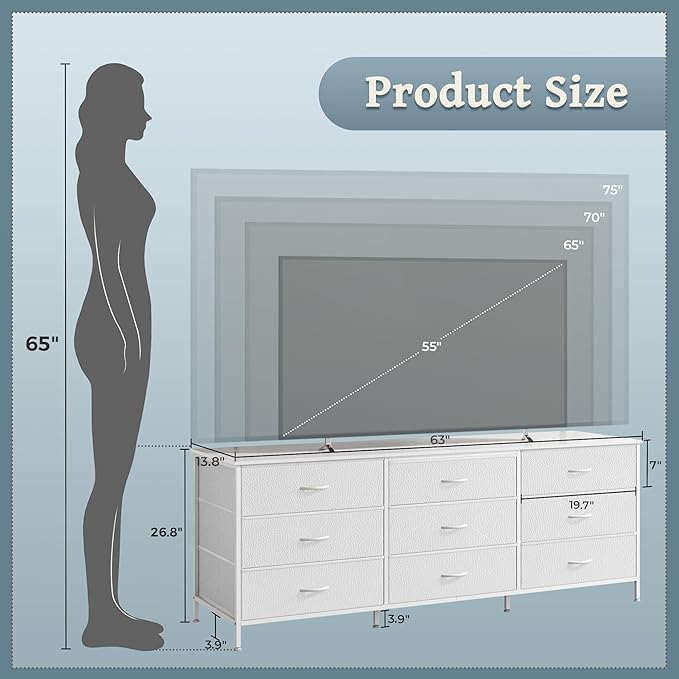 Huuger 63 Inch Dresser for Bedroom, Dresser for Closet with 9 Fabric Drawers, Large TV Stand for 55, 65, 70 Inch TV, Entertainment Center with Storage, Wide Long Chest of Drawers, White