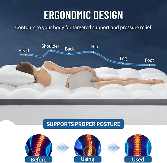 Mattress Topper - Extra Firm Support Pillow Top,1300GSM Mattress Pad, Gel-Infused Memory Foam for Back Pain Pressure Relief with 6"-18" Deep Pocket(Queen,60"x80")