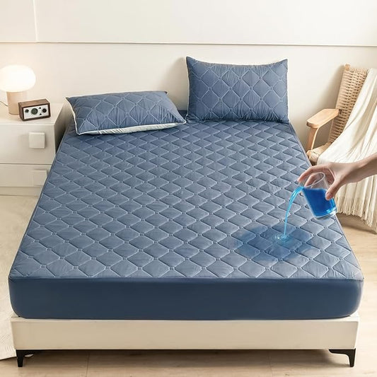 Queen Mattress Protector Waterproof, 18” Deep Pocket Fitted Sheet Queen+2pcs Pillow Cases - Leakproof, Oeko-TEX Certified, Breathable & Noiseless,Machine Washable (Blue)