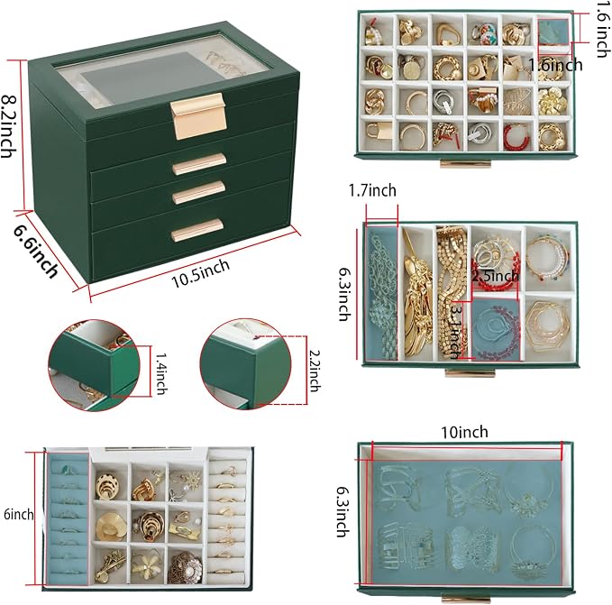 BOOVO Jewelry Boxes for Women, White and Black 6 Layer Large Jewelry Box for Necklace, Bracelet, Earrings, Rings Storage, Jewelry holder Organizer for Girls Gift (Dark Green, 4 layer) - Image 4