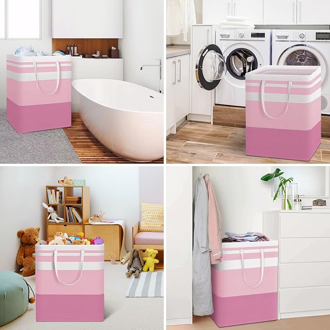 HomeHacks 2 Pack Large Laundry Baskets, Waterproof, Freestanding Laundry Hampers, Collapsible Clothes Hamper with Reinforced Handles in Laundry, College Dorm, Bathroom, Bedroom (Pink, 125Lx2) - Image 6