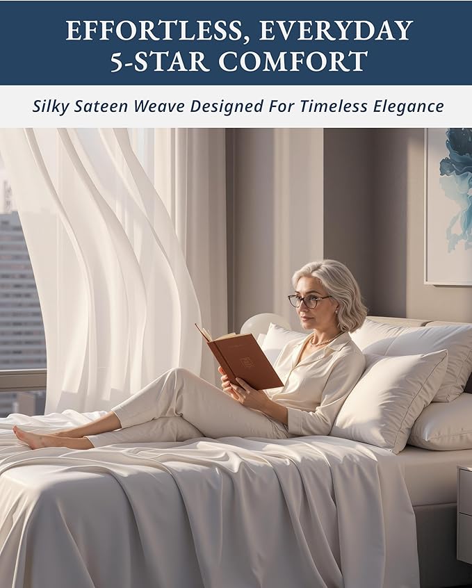 100% Egyptian Cotton Sheets Queen Size - Naturally Cooling & Breathable 4 Piece Silky Sateen Weave Queen Sheet Set, Ultra-Soft & Durable Hotel Luxury Sheets with 15" Snug Fit Deep Pockets - White