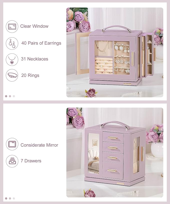 Homde Jewelry Box 360° Rotating, Necklace Earring Organizer with Transparent Window, Mirror, 7 Drawers, Large Ring Display Storage Case for Girls Women (Grey Purple) - Image 4