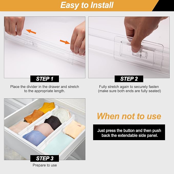 8 Pack Drawer Dividers for Clothes, 2.3" High 13"-21" Adjustable Drawer Dividers Expandable Dresser Drawer Organizer, Clear Drawer Separators for Clothes, Underwear, Cosmetic, Kitchen Utensils Storage - Image 4