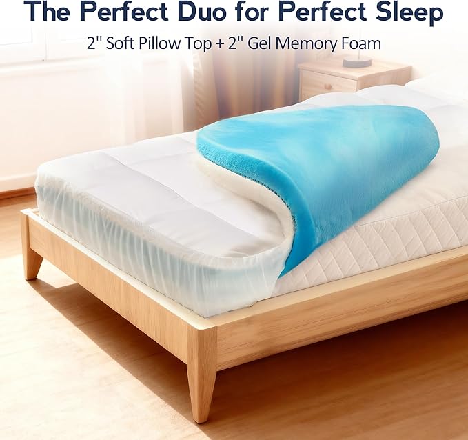 Dual Layer Twin XL 4 Inch Memory Foam Mattress Topper for College Dorm, 2 Inch Cooling Gel Memory Foam and 2 Inch Down Alternative Pillow Top Mattress Pad Cover 8-24 Inch Deep Pocket