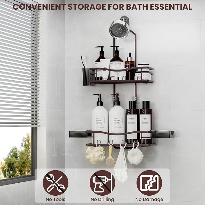REINHARDT Shower Caddy Hanging, Rustproof Shower Caddy Anti-Swing Shower Organizer No Drilling Showers Racks with Soap Holder Multi Hooks Bathroom Storage for Shampoo Sponge, Bronze - Image 2