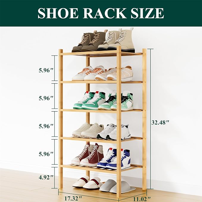 Smiry Shoe Rack, 5 Tier Small Bamboo Shoe Organizer, Stackable Free Standing Wooden Shoe Storage Shelf for Closet, Entryway, Front Door Entrance, Natural - Image 2