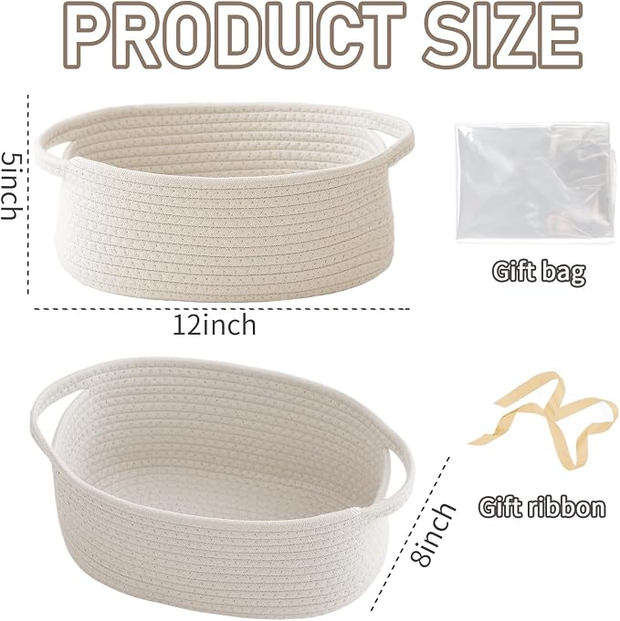 JMvicyroam Woven Basket,Small Rope Storage Bin with Handles & Ribbon Bag, Organizer for Shelves Closets,Gift Basket Empty for Birthday,Books,Dog Toys,White - Image 2