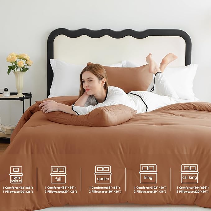 CozyLux King Size Comforter Set Pumpkin, 3 Pieces Solid Comforters King Size Breathable Quilted Bedding Sets, Fall Luxury Soft Lightweight Bed Set with Down Alternative Comforter and 2 Pillowcases