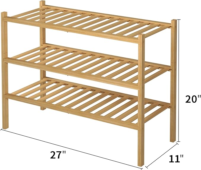 ROMGUAR CRAFT 3 Tier Bamboo Shoe Rack for Closet Free Standing Wood Shoe Shelf Storage Organizer for Entryway Small Space Stackable 27"x11"x20" (Natural) - Image 3