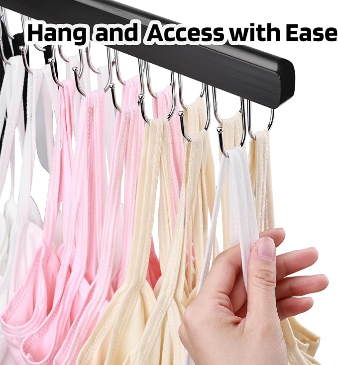 NECAMOCU 2 Pack Bra Hanger for Closet Organizer, Premium Wooden Tank Top Hangers with 36 Foldable Hooks, 360° Rotating Design, Space Saving Storage for Tank Tops, Bras, Scarves and More, Black - Image 5