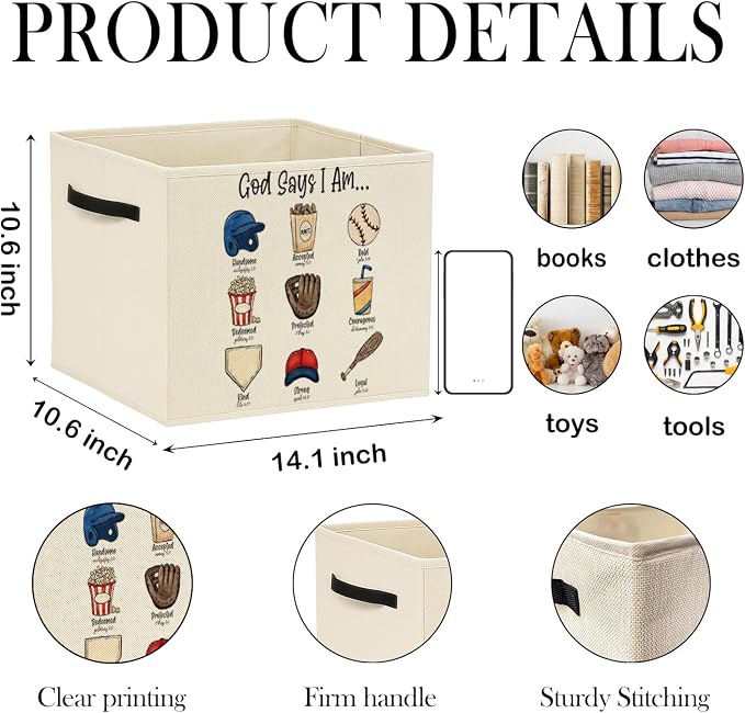 Christian Baseball Storage Bin Box with Handles, God Says I Am Bible Verse Baseball Foldable Baskets Organizer for Kids Room Nursery Bathroom Clothes Toys Books, Toybox for Boys - Image 2