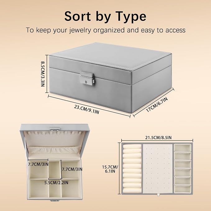 Homeanda Jewelry box 2 layer Jewelry box Leather Jewelry boxes for Women Girls Teens Jewelry organizer box Jewelry Storage box with lock(Grey) - Image 3