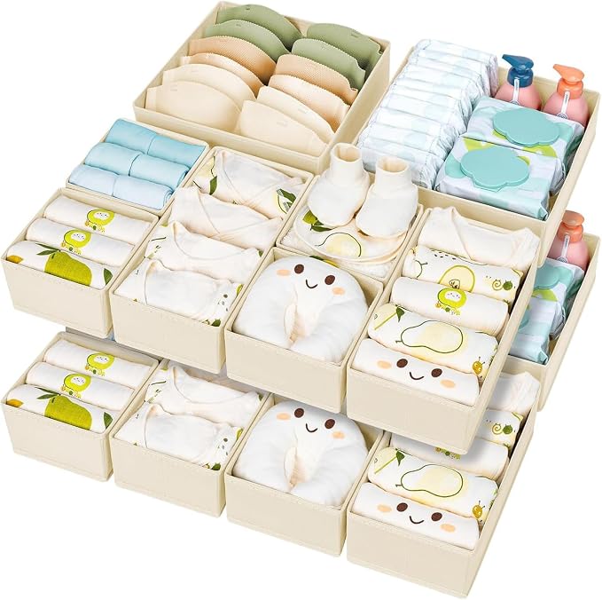 DIMJ Drawer Organizer Clothes 15 Pack - Foldable Baby Organizers and Storage & Closet Organizers for Bedroom, Closet - Nursery Organization Dresser Dividers for underwear, Sock,Bra, Belt, Tie, Beige by DiMJ