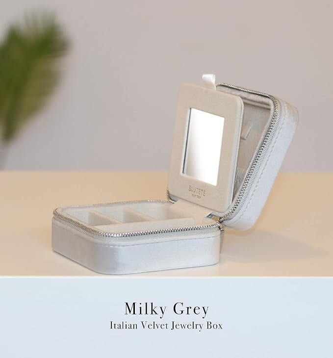 BLUTETE Travel Jewelry Box Organizer Velvet Travel Case With Mirror Rings Earrings Necklaces Storage Organizer Box (Milky Grey) - Image 3