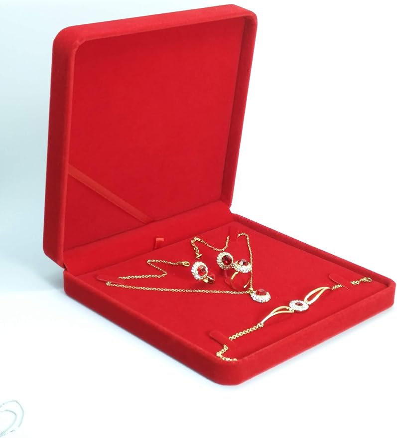Jewelry Set Velvet Box Necklace Earring Ring Necklace Bracelet Gift Display Case Wedding Jewelry Storage Holder (Red) - Image 2