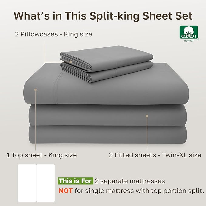 California Design Den Split King Sheet Set - 100% Cotton, Luxury 600 Thread Count, Breathable Split King Size Sheets for Adjustable Bed, Luxury Durable Sheets with Soft Sateen Weave - Mist Grey