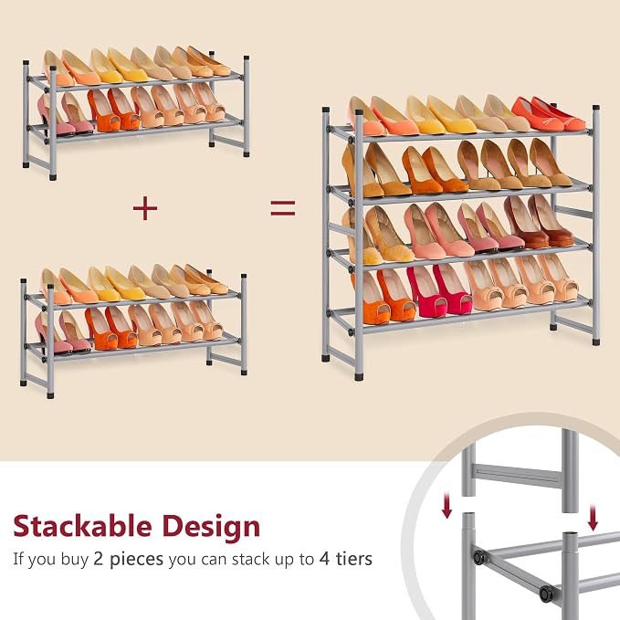 Tajsoon 2 Tier Expandable Shoe Rack for Closet, 28“-41“Adjustable & Stackable Shoe Shelf Storage, Metal Shoe Rack Organizer for Front Door Entrance, Closet, Garage, Entryway, Grey - Image 6
