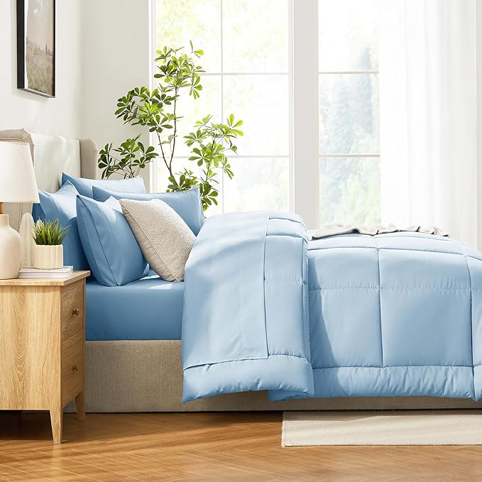 CozyLux Queen Comforter Set Baby Blue, 7 Pieces Bed in a Bag, Blue Comforters Queen Size, All Season Bedding Sets with Stitch Quilted Comforter, Flat Sheet, Fitted Sheet, Pillowcases