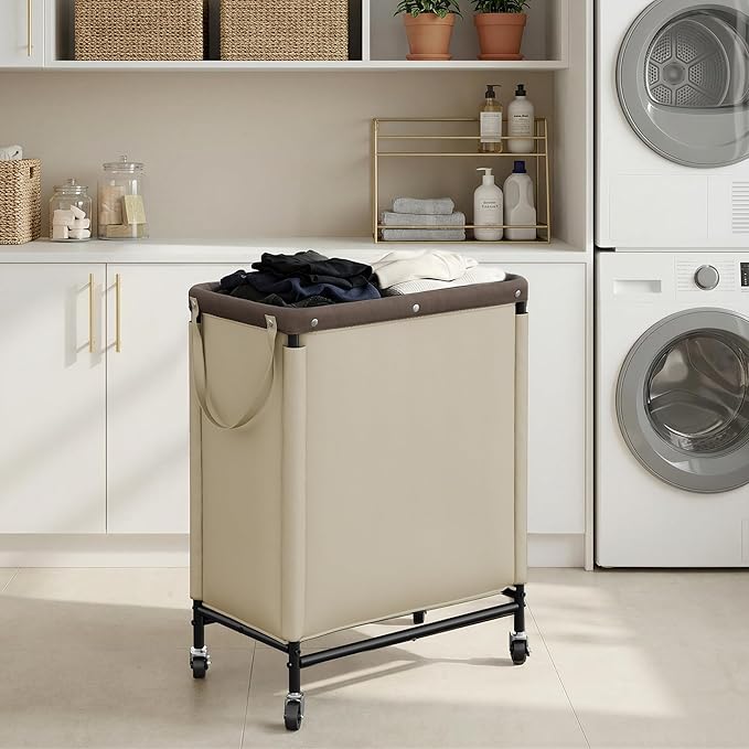 StorageWorks Laundry Hamper 2 Section, 100L Rolling Laundry Sorter Cart with Removable and Washable Liner Bag, Clothes Hamper with Wheels and Handle for Laundry Room and Bedroom, Light Khaki - Image 6