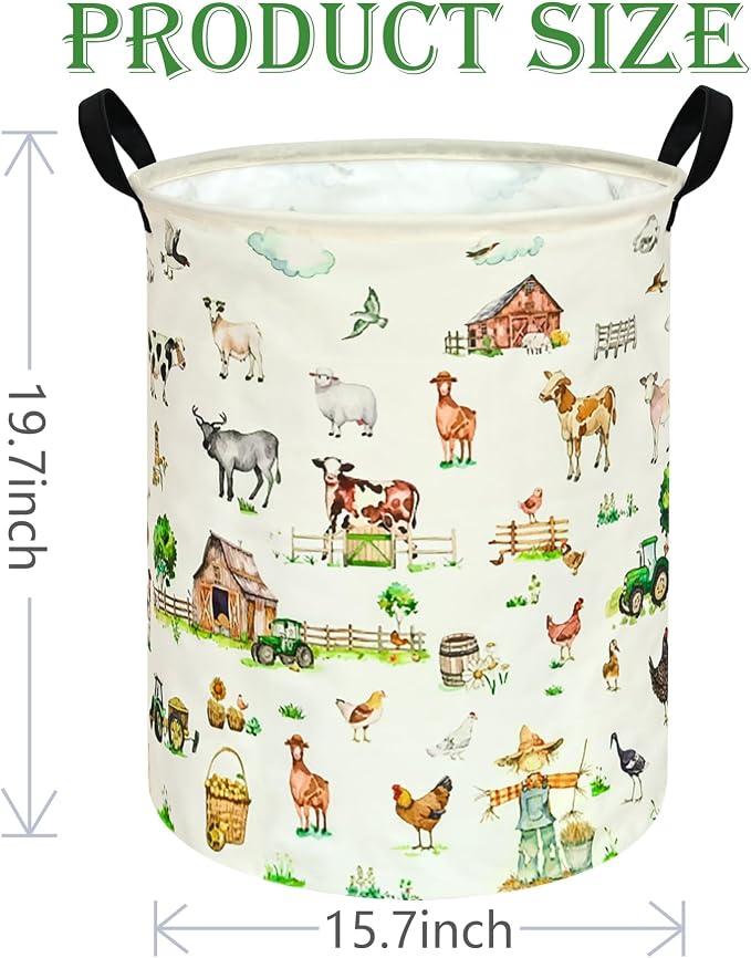Collapsible Kids Laundry Basket Clothes Hamper, Foldable Storage Organizer Bin, Toy Clothes Storage with Handles for Boys Girls Bedroom, Room Decor Farm - Image 2
