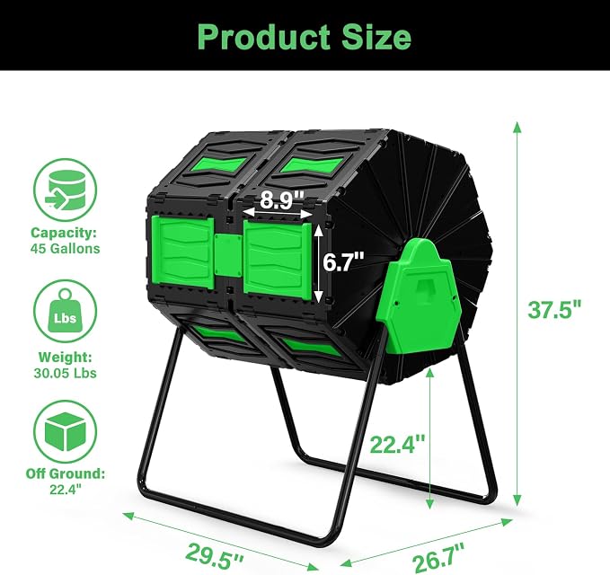 Compost Tumbler, Easy Assemble & Efficient Outdoor Compost Bin, 45 Gallon/170 Liter Large Dual Chamber Rotating Composter for Garden, Kitchen, and Yard Waste, Green Door - Image 6