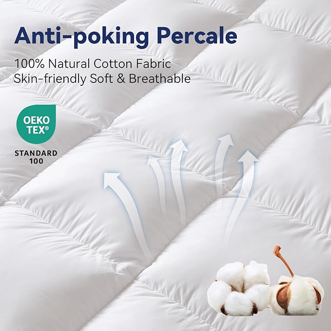 3 Inch Goose Feather Mattress Topper Queen Size, Thick Featherbed with Adjustable Bands, Plush Soft Fluffy Baffled Pillowtop, 60”x80”