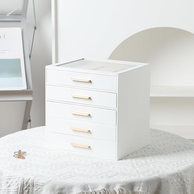 Frebeauty Clear Lid Jewelry Box,5-Layer Jewelry Organizer with Drawer,PU Leather Jewelry Organizers and Storage,Jewelry Boxes for Women,Jewelry Storage for Rings Earring Stud,Gift for Women(White) - Image 6